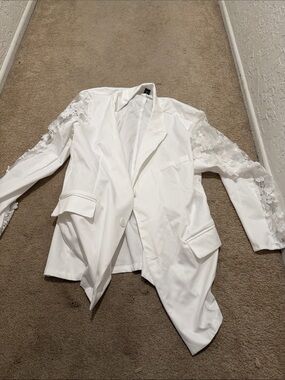 White Lace-Sleeve Blazer Jacket